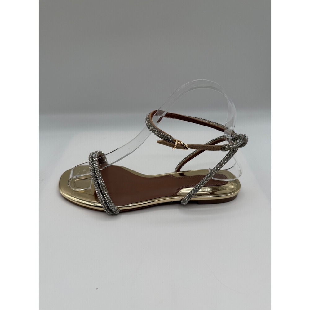 BCBGMAXAZRIA Specchio Flat Sandals Women's 5, Gold Rhinestone Ankle Strap, NIB
